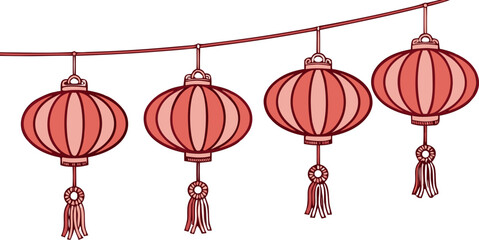 Festive New Year background featuring traditional Chinese lanterns, ornamental patterns, and decorative border, vector illustration.