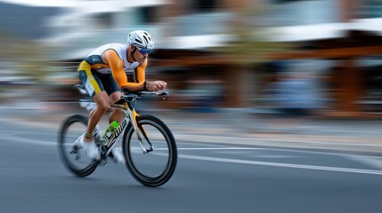 Fototapeta premium Cycliste en combinaison aérodynamique lors d'une épreuve de triathlon