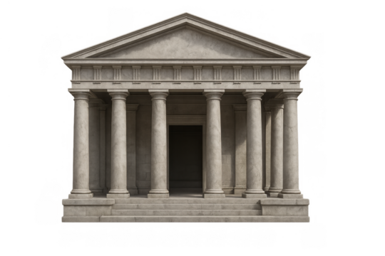 Greek-style building with a portico and doric columns, an iconic symbol for power, law, and history. Transparent background