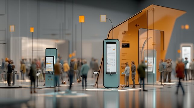 Bornes interactives modernes dans un hall futuriste avec &eacute;crans tactiles