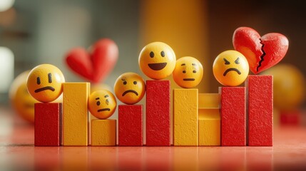 Dramatic Chart of Declining Customer Satisfaction with Angry and Sad Emojis on Blocks, Symbolizing Negative Feedback, Poor Performance, or Business Challenges