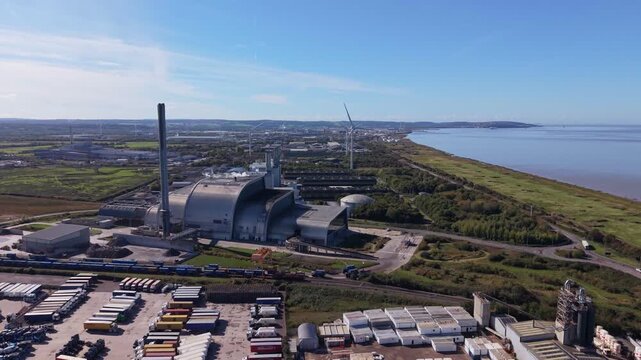 Aerial video of a recycling facility by the river Severn  