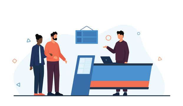 Couple visit to business exhibition booth, expo trade show event. Man and woman visitors standing at commercial stand with promoter for exhibits products presentation cartoon vector illustration