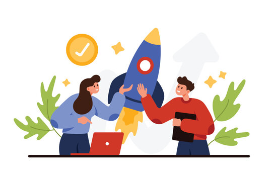 Success of business project launch. Tiny people start new creative innovation idea and develop modern product for future implementation, boost speed engine of rocket cartoon vector illustration