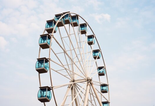 Modern ferris wheel with blue cabins against a clear sky backdrop - Powered by Adobe