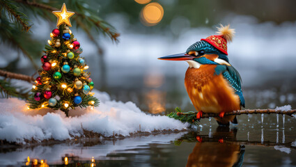 Kingfisher's Winter Perch A Colorful Kingfisher Bird Wearing a Knitted Hat Perched on a Snowy Branch Near a Decorated Evergreen Tree Holiday Avian