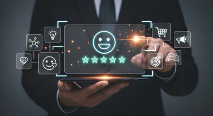Business professional interacting with a digital customer satisfaction feedback interface on a tablet deviceStock photo for website - Business and technology concept photo