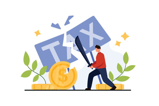 Tax cut, corporate company or government strategy. Tiny man breaking word Tax with sword to reduce deductions burden and avoid loss of money profit and expenses return cartoon vector illustration
