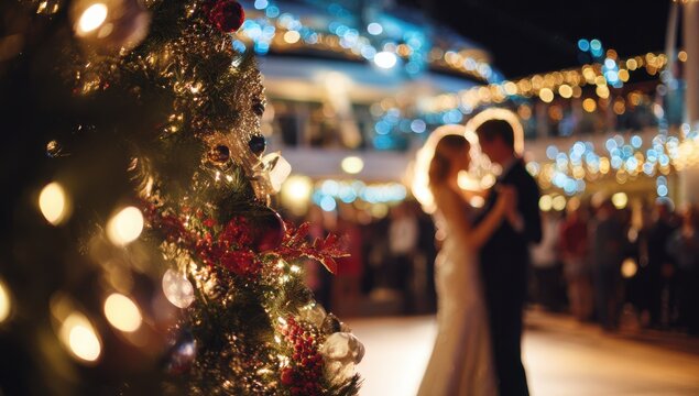 A close-up of an couple dancing on the deck of their cruise ship, surrounded by christmas decorations and lights