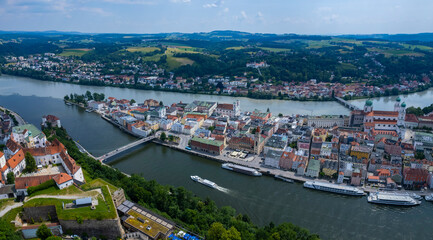 Aerial panoramic view of the city and old town of Passau, Bavaria in Germany on a sunny day in summer.