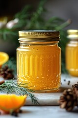 Golden Orange Marmalade in Glass Jar with Festive Winter Spices and Evergreen Twigs