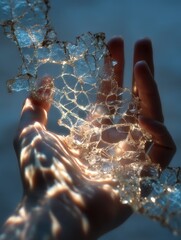 Close-up of a Female Hand Gently Holding a Shimmering, Cracked Ice Sheet with Intricate Patterns and Reflected Golden Light, Symbolizing Fragility, Winter Elegance, or Healing