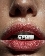 High-End Conceptual Close-up of Gently Open Lips Holding a White TRUTH Capsule Pill - Modern Beauty Health Metaphor