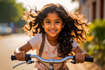 Smiling little girl riding a bicycle outdoors on a sunny day, cheerful expression and carefree mood.