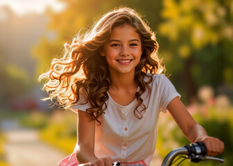 Smiling little girl riding a bicycle outdoors on a sunny day, cheerful expression and carefree mood.