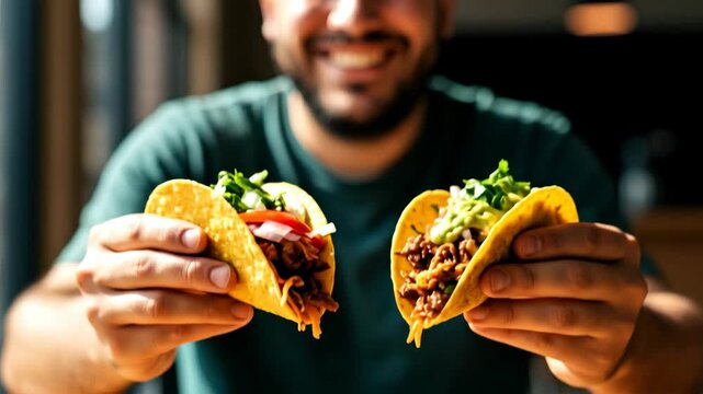Smiling caucasian man holds two delicious tacos with meat filling, fast food cuisine concept, advertisement footage