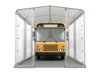 Yellow school bus in a disinfection tunnel isolated on transparent background
