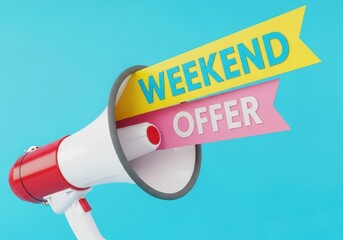 Megaphone announces weekend offer with brightly colored banners for sales promotions