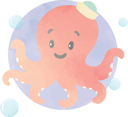 Cute octopus character in watercolor illustration style. Clipart vector isolated of octopus in pastel color for children book, birthday, mascot, asset, design
