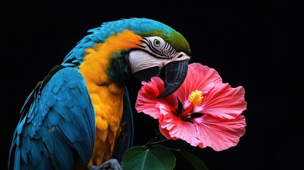 Obraz premium Blue and gold macaw with pink hibiscus flower on black background