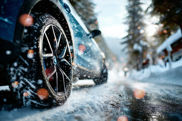 Close-up of car wheels equipped with snow chains, driving through a snowy winter landscape.