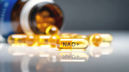 Modern NAD plus supplement bottle and white capsules on blue background for anti aging therapy, longevity, biohacking, and cellular health