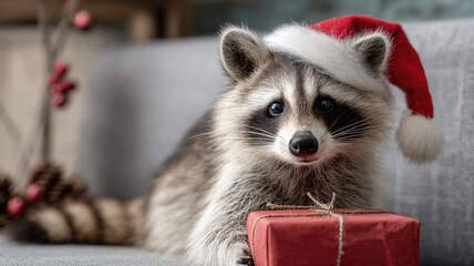 Adorable raccoon in santa hat holding a christmas gift