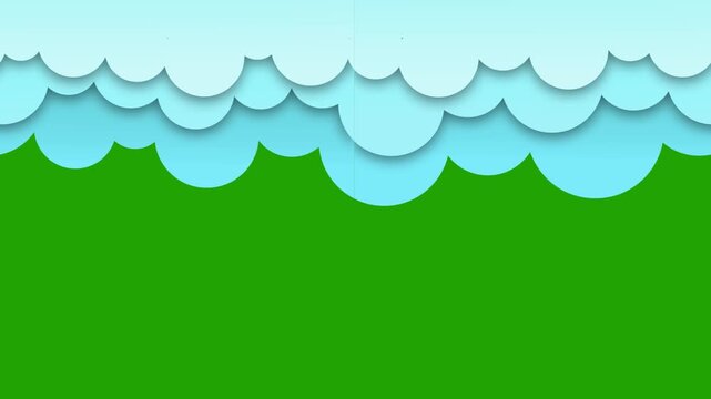 Loop animation of white clouds moving over a green landscape background.