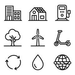 Sustainable urban and green energy icons on white background buildings architecture