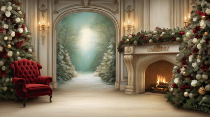 Christmas backdrop, decorated chateau, ornate archway, winter landscape view, fireplace, holiday garland and red velvet chair festive palace room.