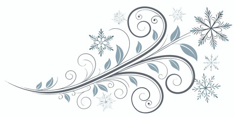 Horizontal winter vector ornamental design with elegant swirling floral flourishes, leaves, and decorative snowflakes.