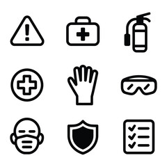 Nine safety and protection icons with warning and medical symbols warning sign first aid kit