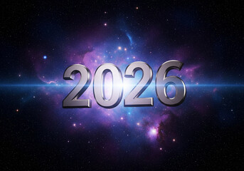 3D Rendered Year 2026 in Shiny Chrome Metal with Lens Flare, Cosmic Nebula Galaxy Space Background, Futuristic and Interstellar New Year Concept