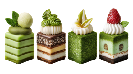 Collection of matcha french cakes petit four isolated transparent background, gourmet green tea dessert.