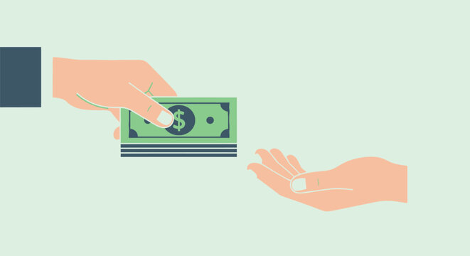 A hand passes a stack of cash to another outstretched hand on a light background.