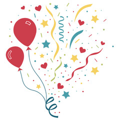 Illustration of red balloons with confetti and stars