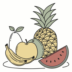 A colorful assortment of fruits including pineapple, apple, and banana