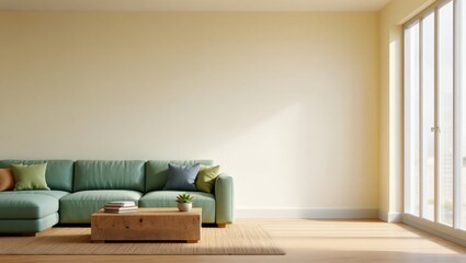 Modern living room with a cozy green sofa and natural light streaming in
