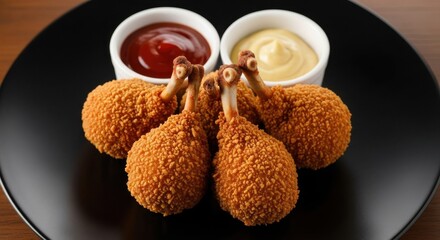 Crispy golden chicken lollipops served with ketchup and mayonnaise on a black plate