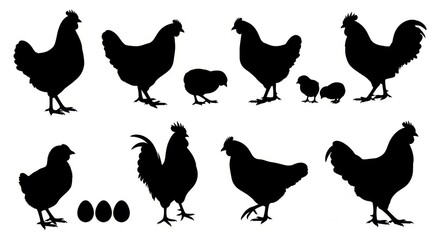 Collection of black silhouettes of chickens roosters hens and chicks on a white background