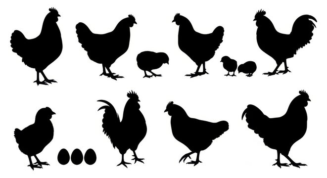 Collection of black silhouettes of chickens roosters hens and chicks on a white background
