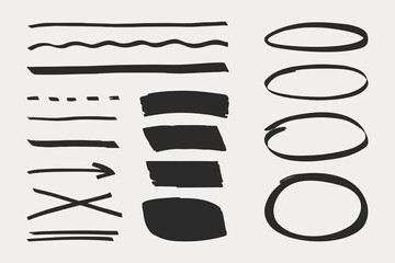 Set of marker vector hand drawn encircles, strokes and elements. Silhouette frame text highlighting.