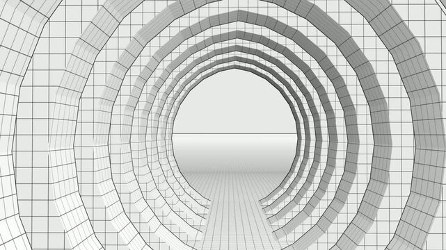 Half-circle tunnel grid animation with depth and digital lighting effects.
