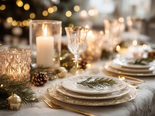 Naklejka premium elegantly set christmas dining table with candles