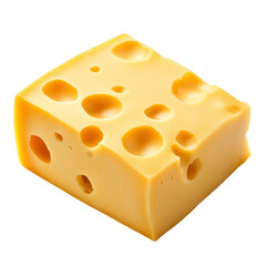 Block of yellow Swiss cheese with characteristic holes isolated on white background, dairy food ingredient used for cooking, snacking, and sandwiches