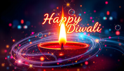 A candle flame bursting with radiant colorful sparkles, swirling energy trails around it, &ldquo;Happy Diwali&rdquo; written in glowing neon script, vibrant colors, dynamic composition, digital art fantasy style.