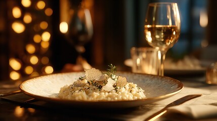 Gourmet truffle risotto served in a fine dining restaurant with a glass of white wine and bokeh lights in the background, creating an elegant atmosphere