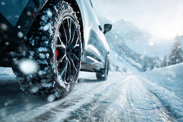 Close-up of car wheels with snow chains driving on a snowy mountain road. Snow and ice particles around the tires, cold blue and white tones, dynamic motion blur effect for realism.