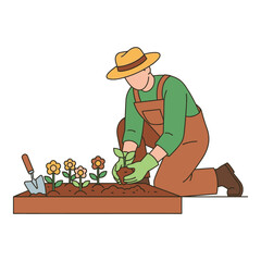Gardener planting seedlings in a raised garden bed vector illustration of a person gardening isolated on white background