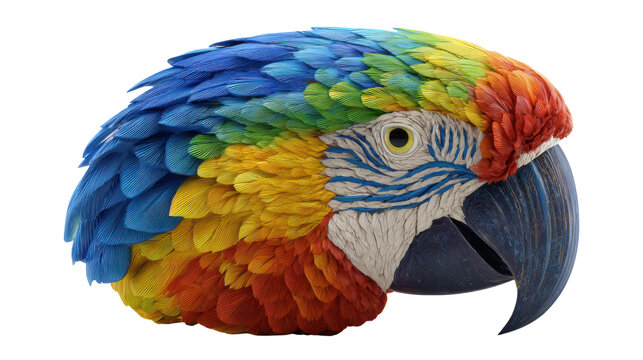 Colorful Parrot Head Illustration with Detailed Feathers and Beak on White Background